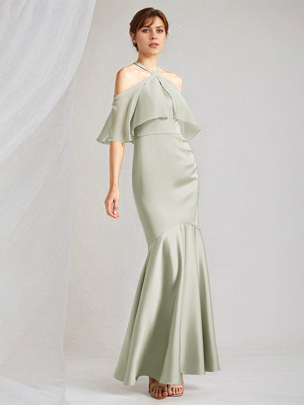Sage Trumpet/Mermaid Satin Halter Neck Chiffon Short Sleeves Floor Length Bridesmaid Dresses