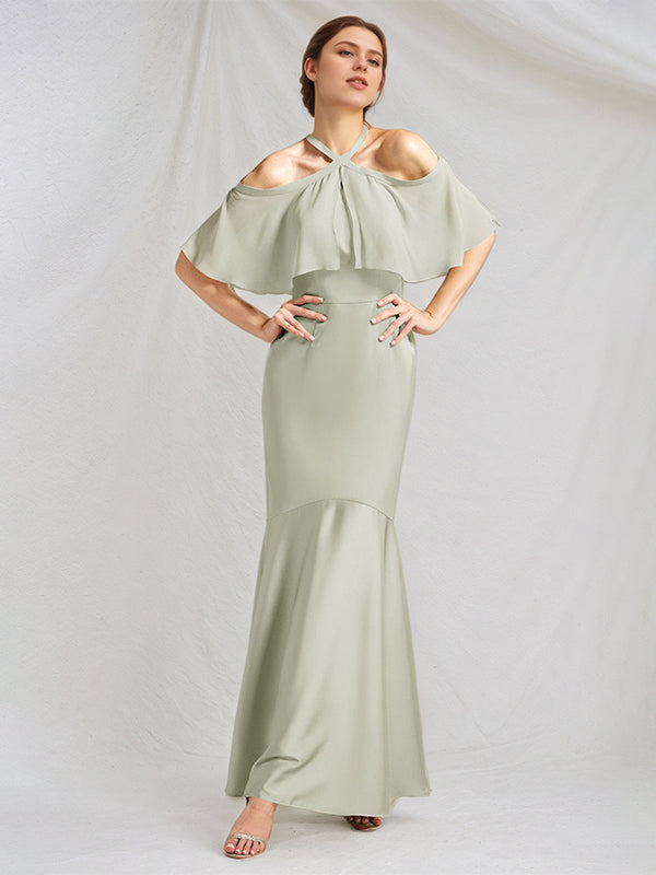Sage Trumpet/Mermaid Satin Halter Neck Chiffon Short Sleeves Floor Length Bridesmaid Dresses