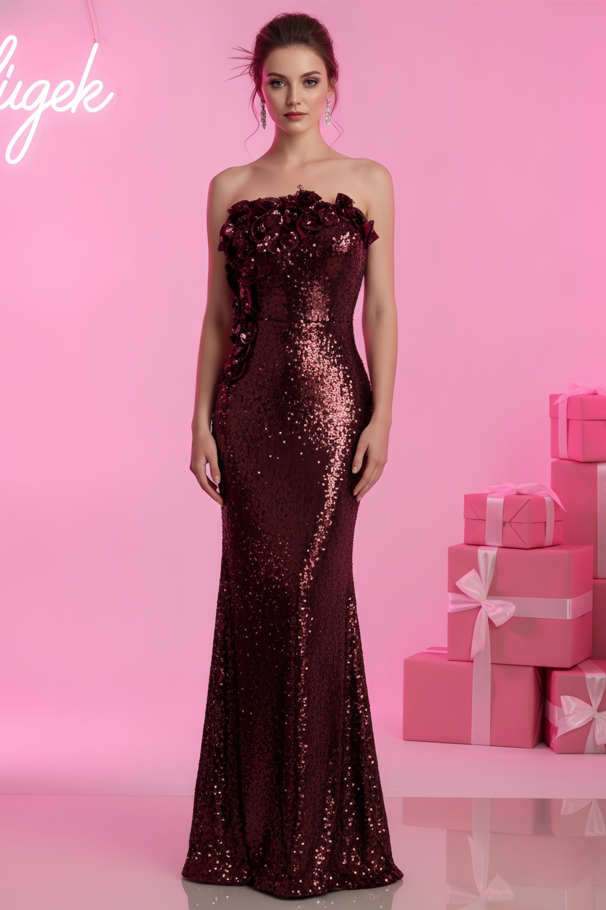 Strapless Sequin Mermaid Evening Gown with Floral Bodice Detail