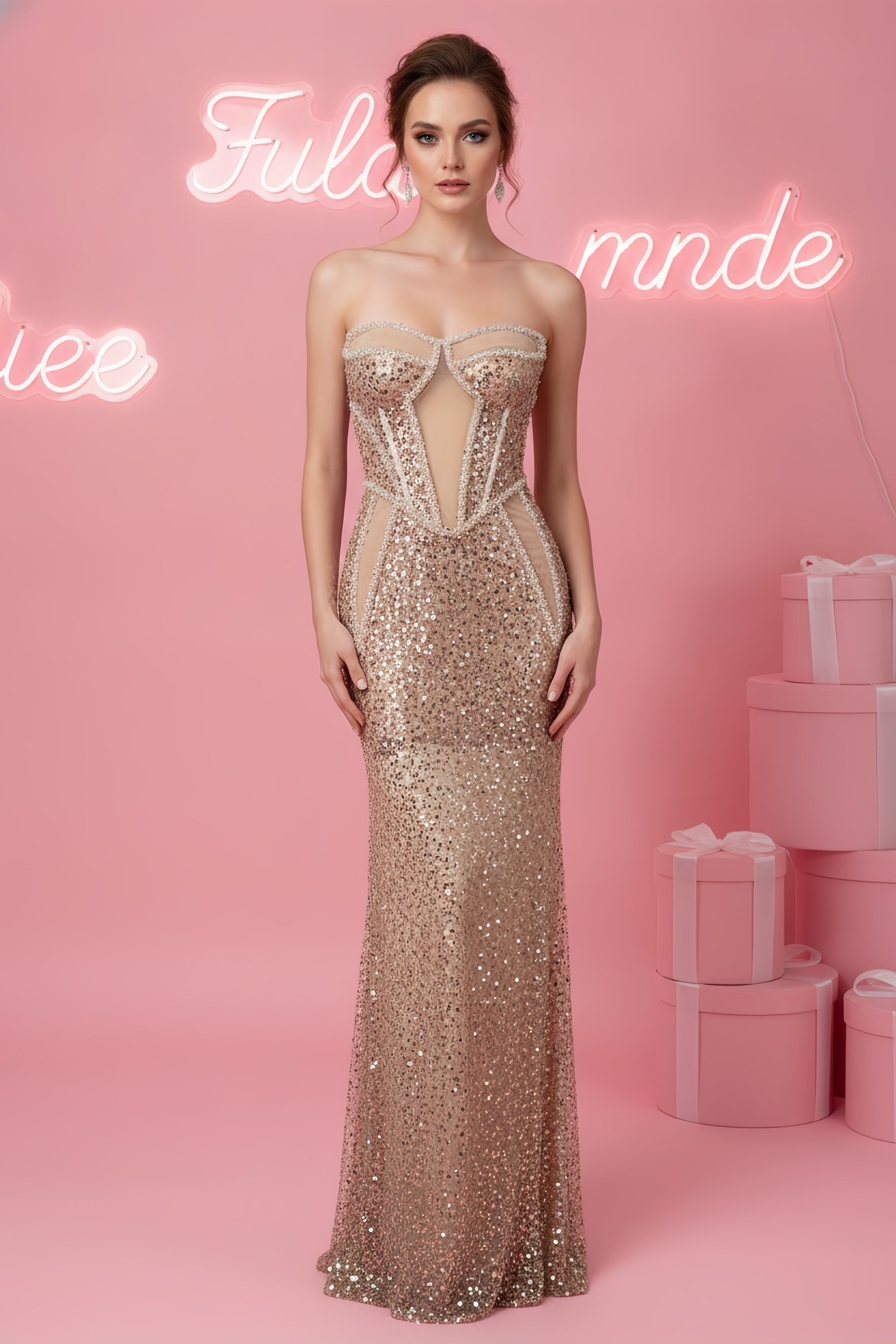Strapless Corset Bodice Sequin Mermaid Gown with Cutouts