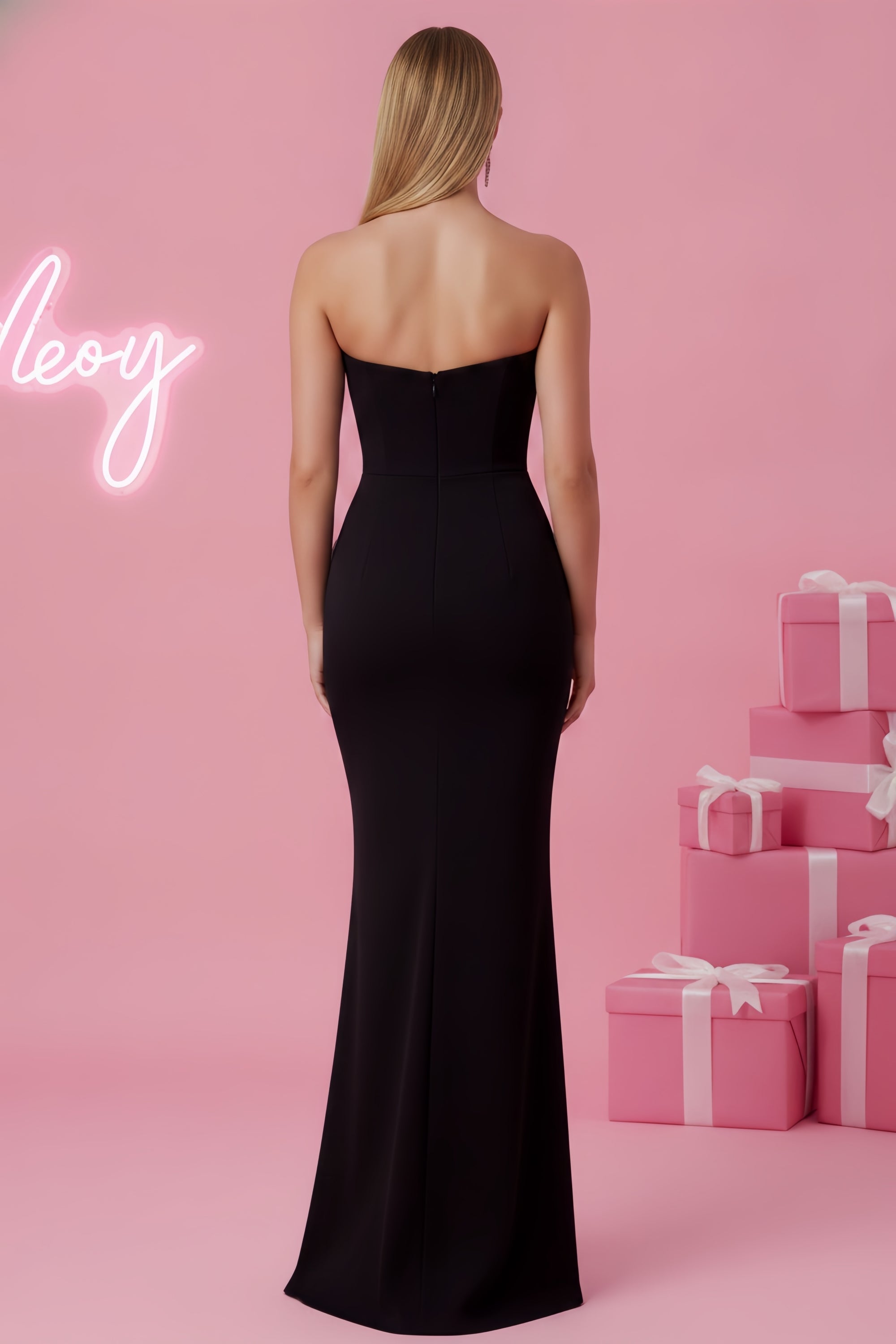 Strapless Floor-Length Gown with Floral Bodice Applique
