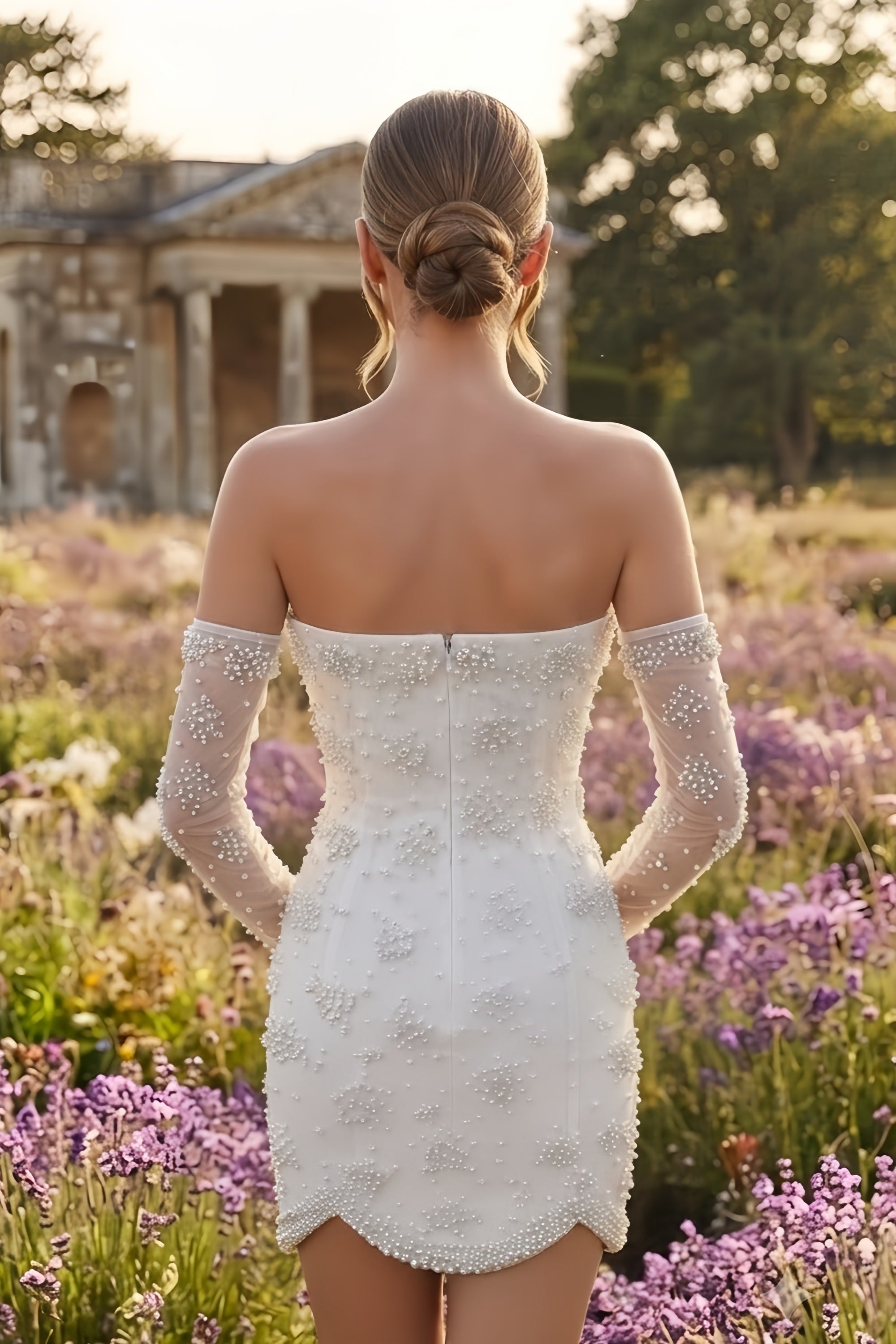 Allover Pearl Embellished Strapless Mini Dress with Gloves