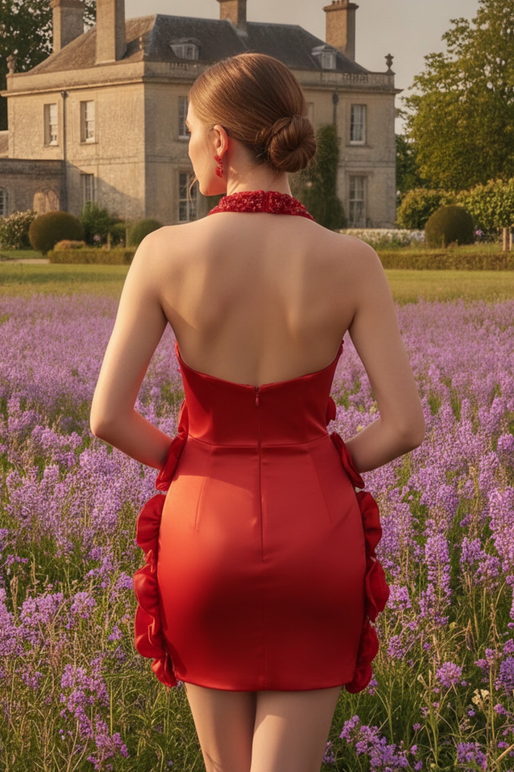 Floral Applique Halter Neck Corset Mini Dress with Gloves