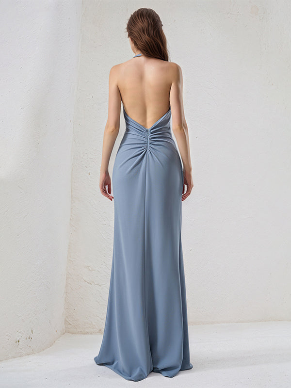 Dusty Blue Chiffon Sheath/Column Halter Neck Sleeveless Floor Length Bridesmaid Dress