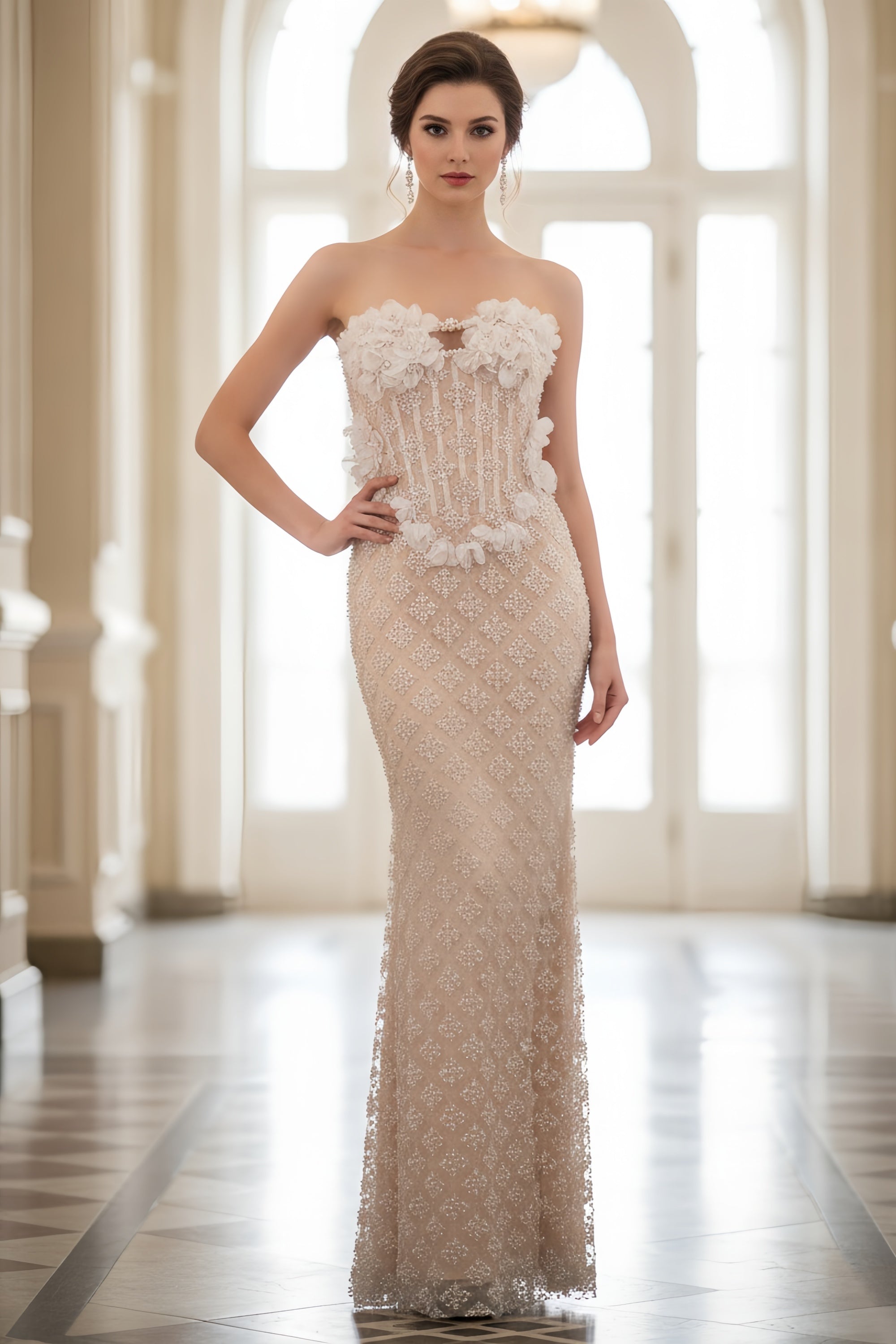 Strapless Floral Corset Bodice Beaded Floor Length Evening Gown