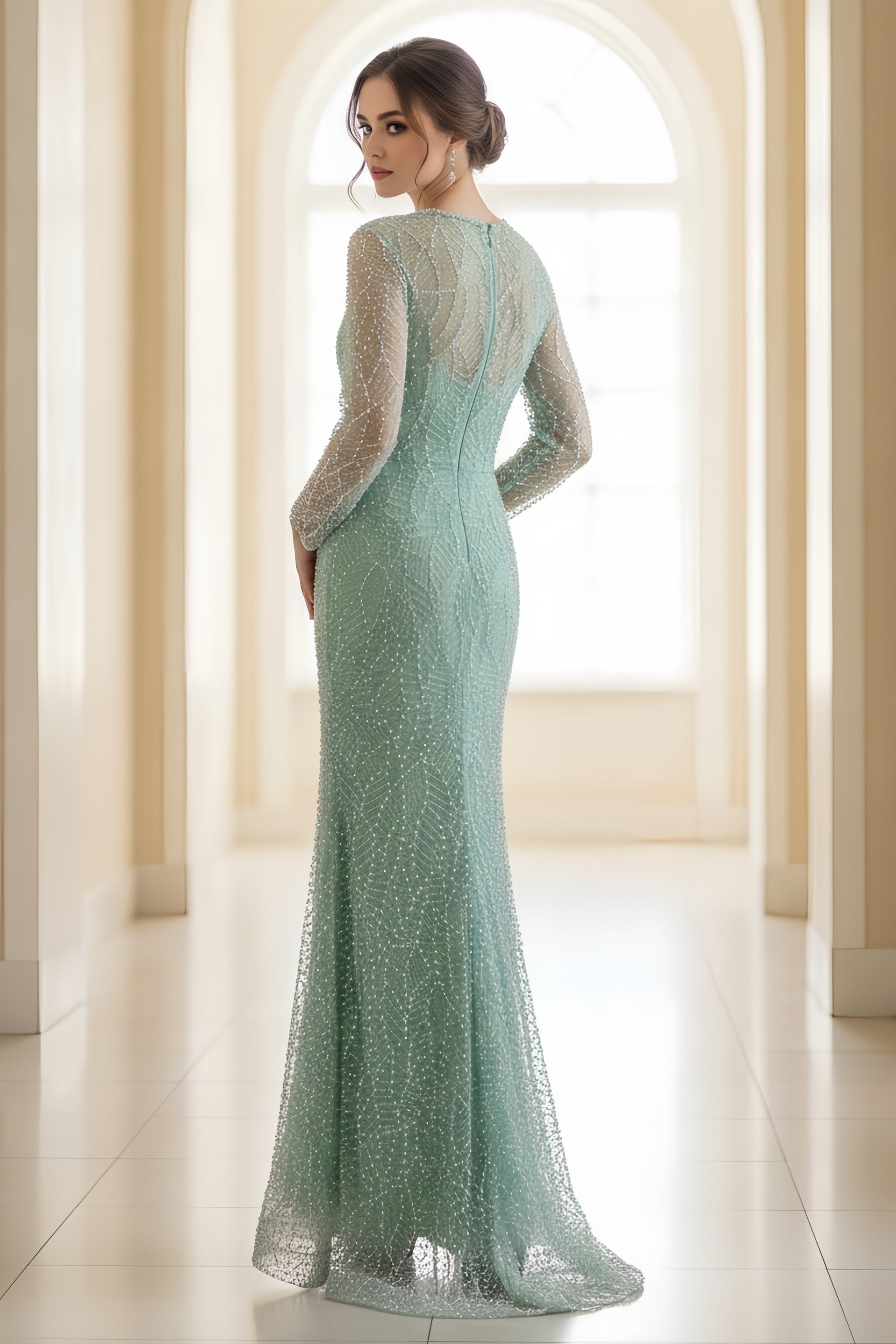 Intricate Beaded V-Neck Long-Sleeve Column Evening Gown