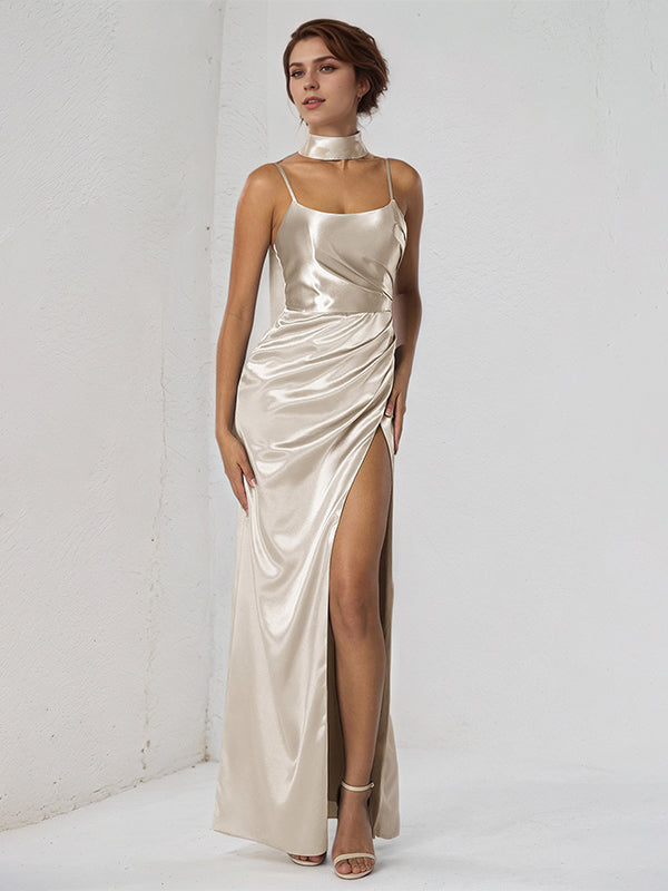 Sand Satin Sheath/Column Spaghetti Straps Sleeveless Floor Length Bridesmaid Dress