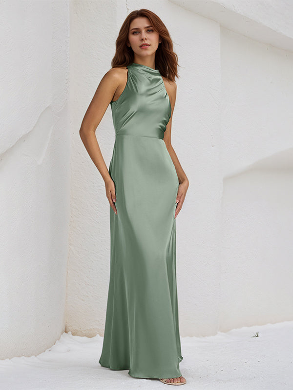 Oil Green Satin Sheath/Column High Neck Sleeveless Floor Length Bridesmaid Dress