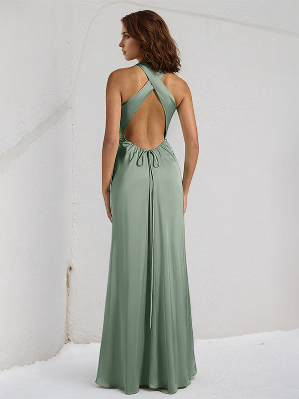 Oil Green Satin Sheath/Column High Neck Sleeveless Floor Length Bridesmaid Dress
