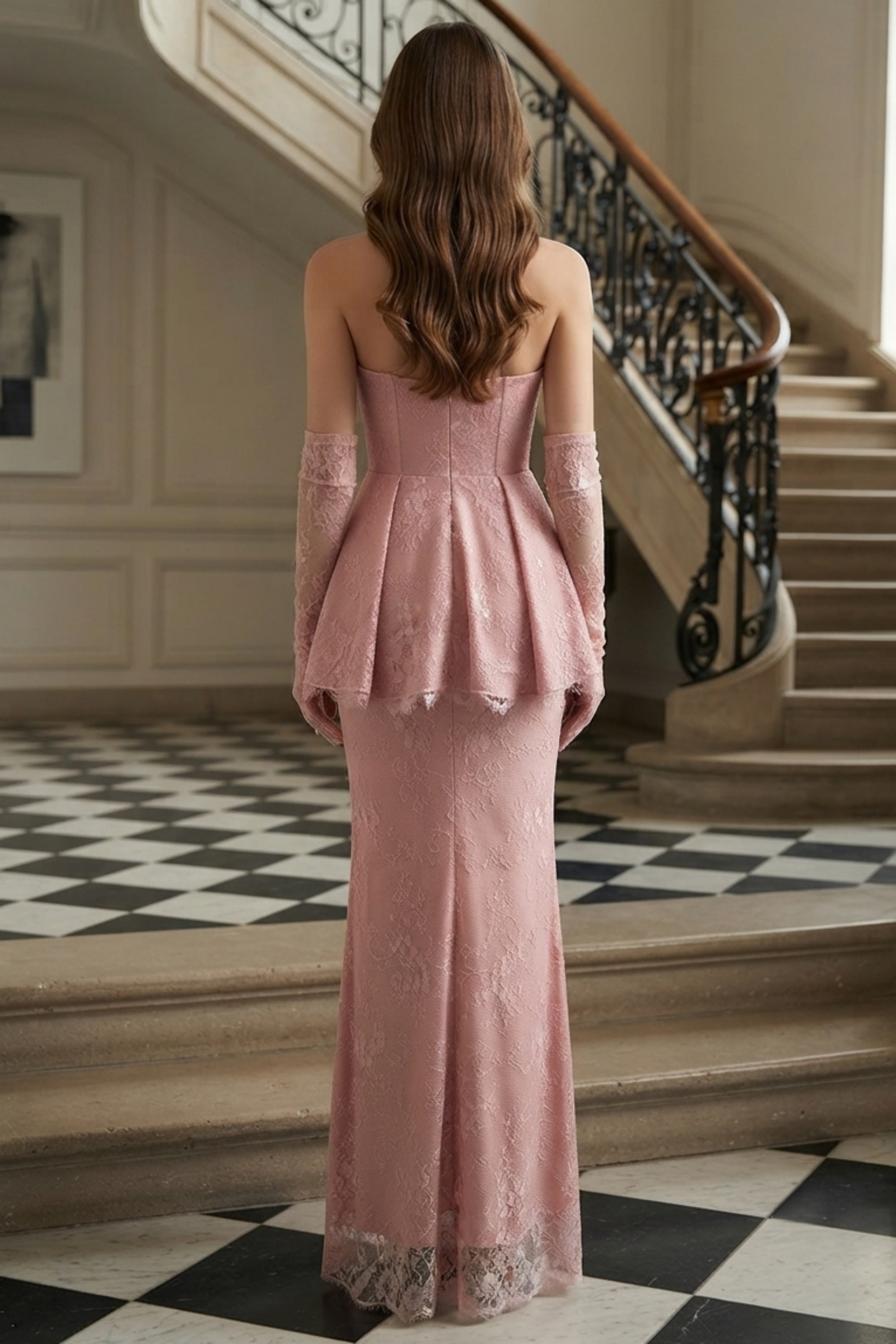 Strapless Lace Peplum Gown with Matching Gloves