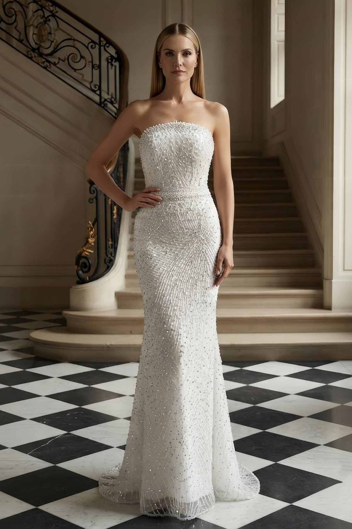 Strapless Intricate Beaded Geometric Pattern Floor-Length Gown - FashionDia