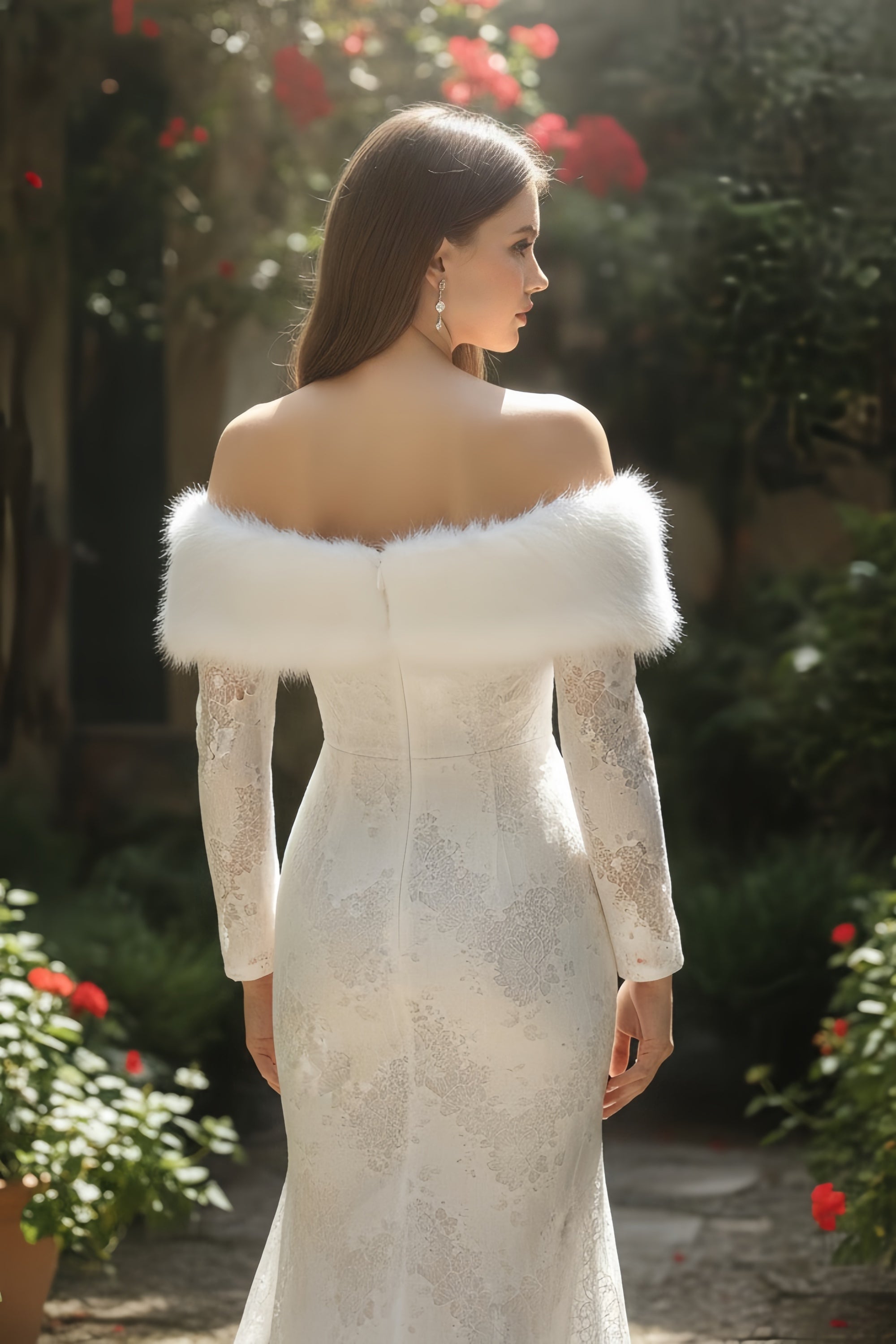 Off-the-Shoulder Long Sleeve Lace Mermaid Gown with Faux Fur Trim