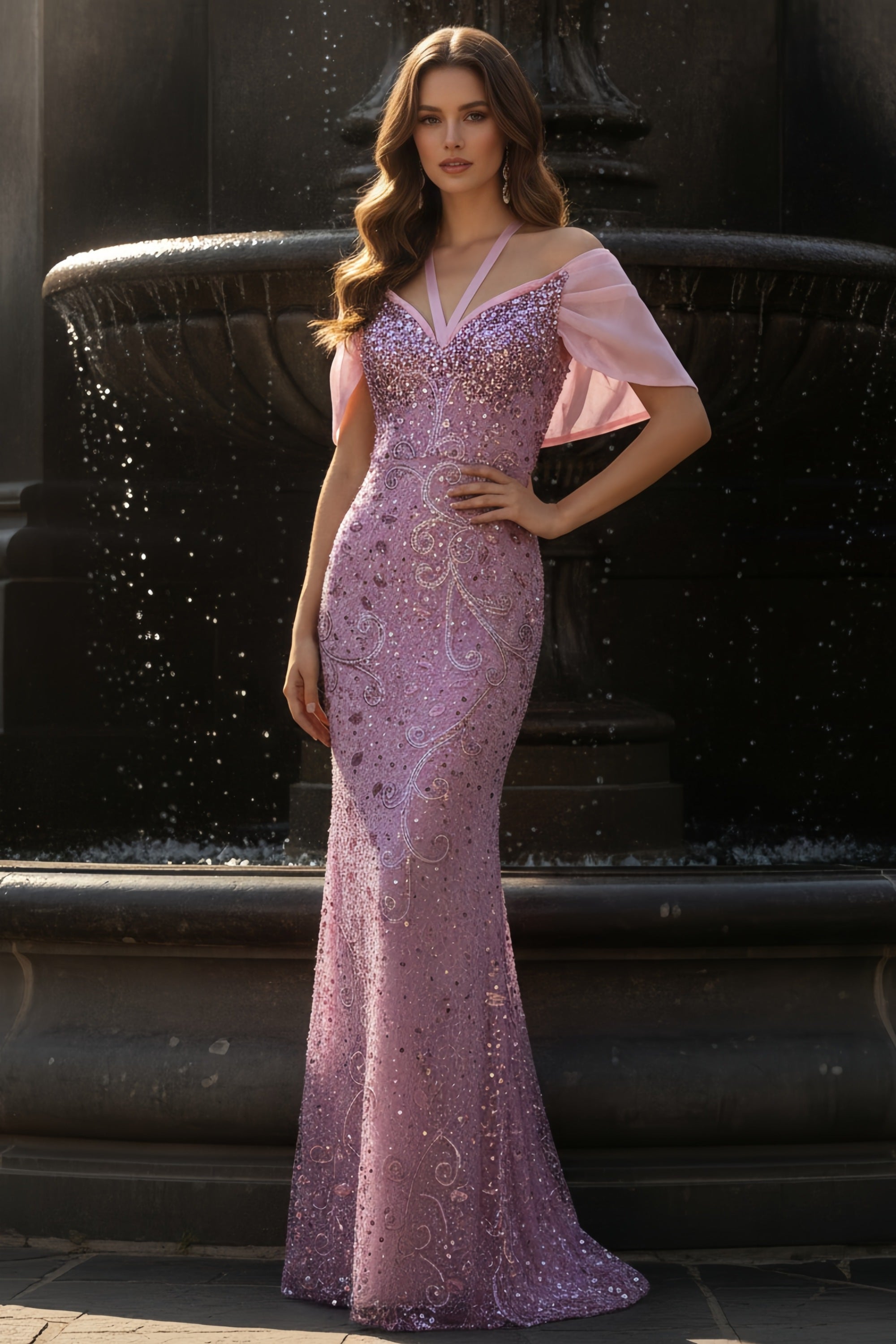 Off-the-Shoulder Sequined Mermaid Gown with Draped Sleeves