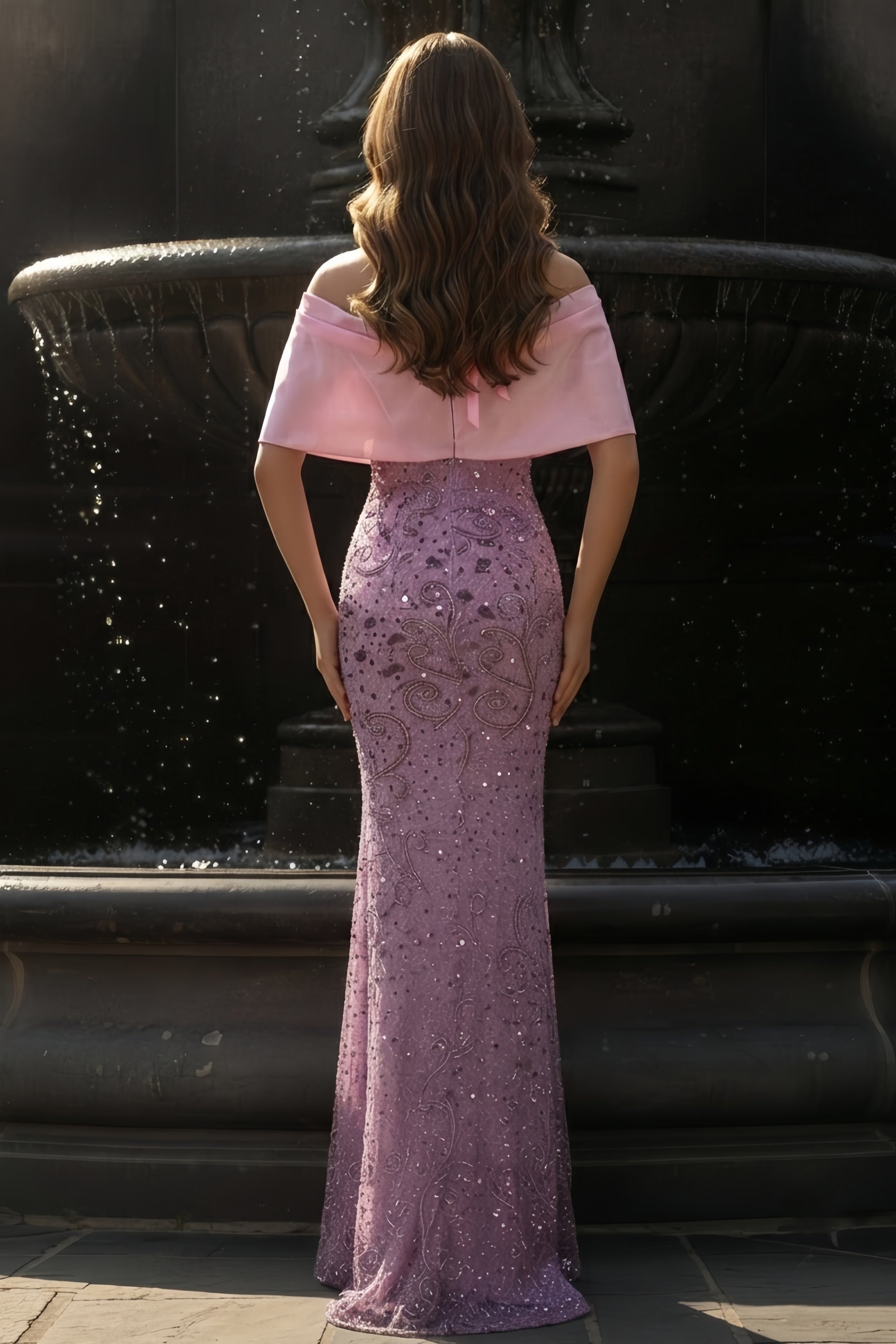 Off-the-Shoulder Sequined Mermaid Gown with Draped Sleeves