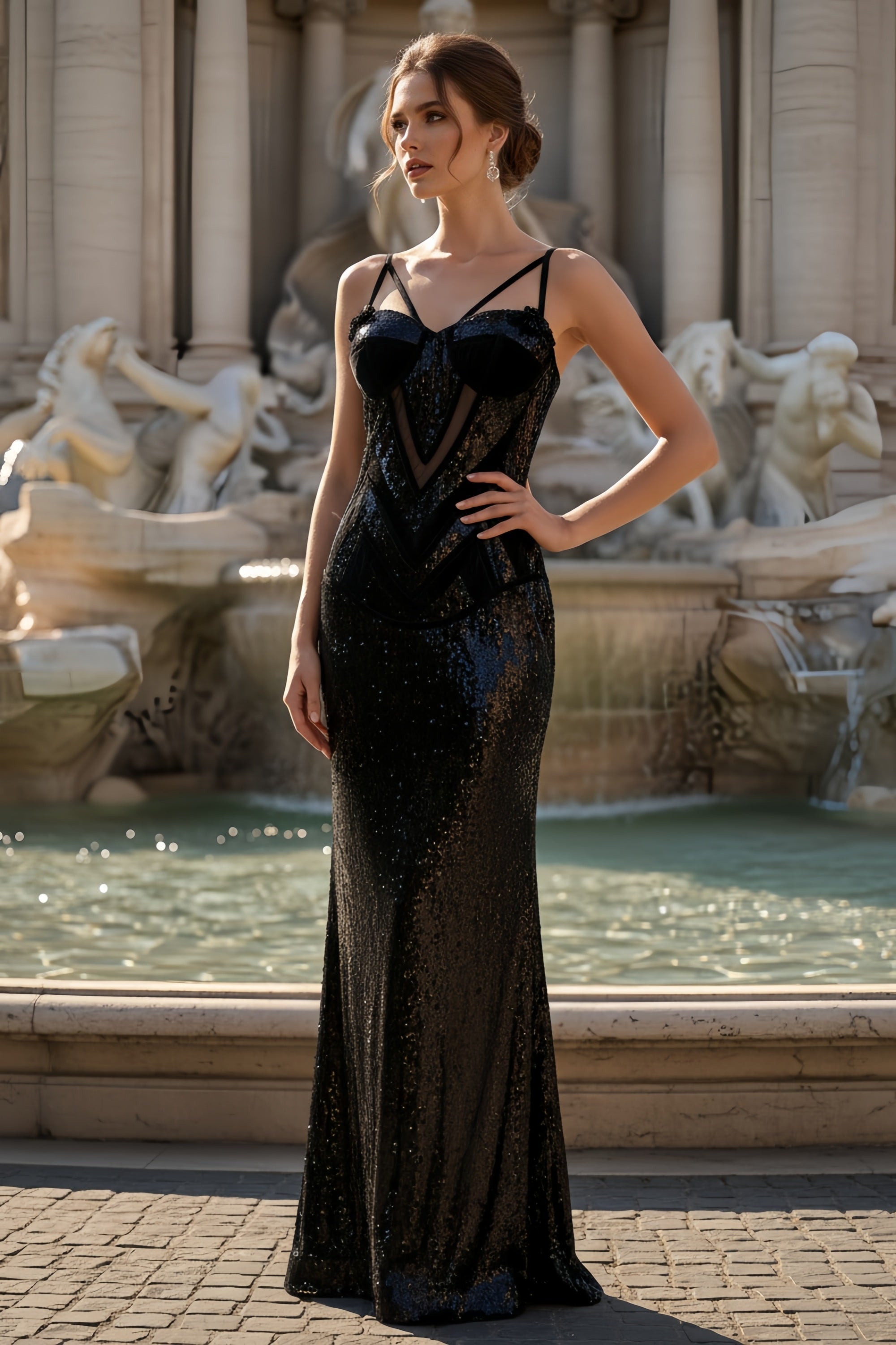 Spaghetti Strap Corset Style Sequined Mermaid Floor Length Gown
