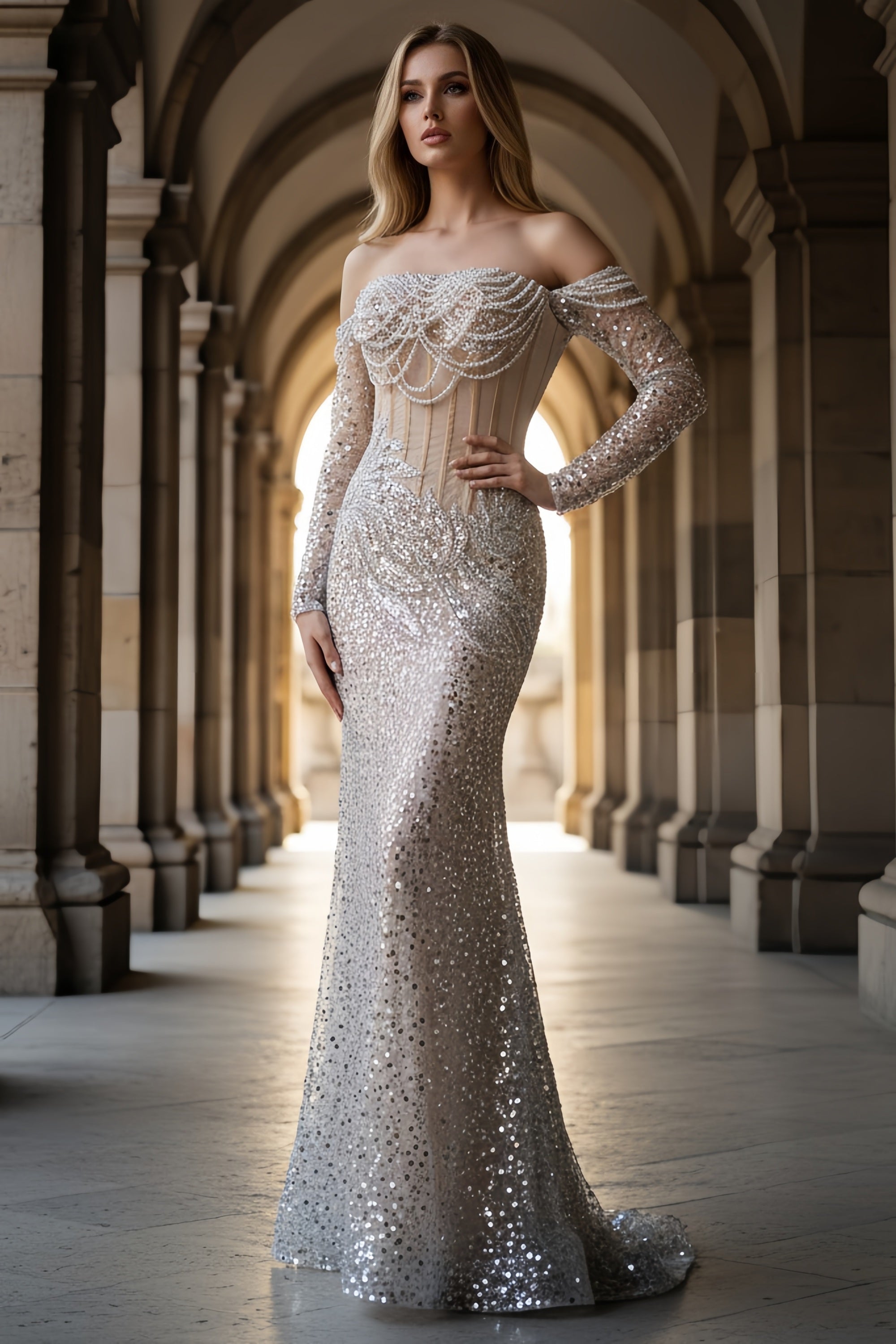 Off-Shoulder Corset Mermaid Gown with Pearl Beaded Bodice