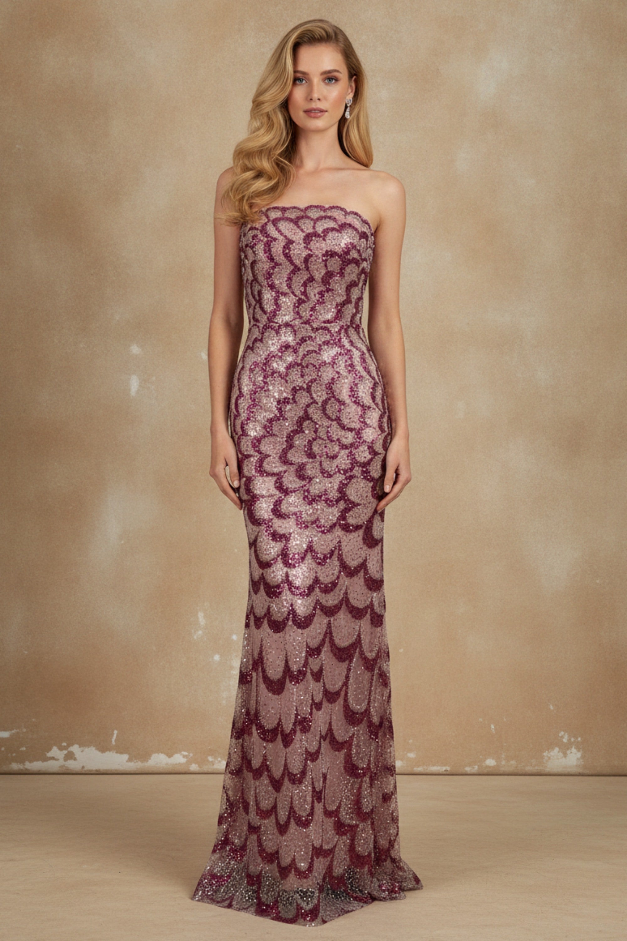 Scalloped Sequin Strapless Mermaid Gown with Shimmering Finish
