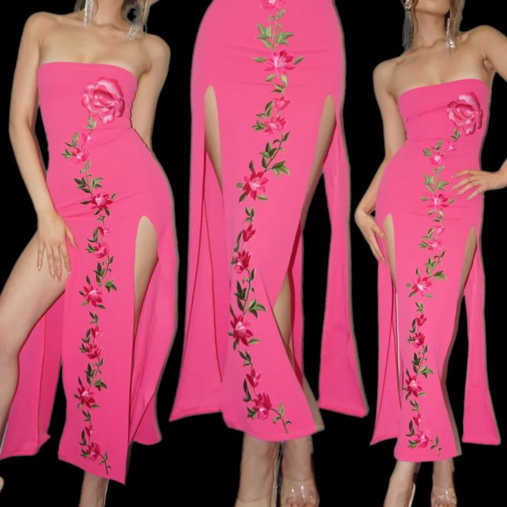 Elegant Pink Strapless Sheath Satin Slit Evening Dress,Formal Prom Party Dress