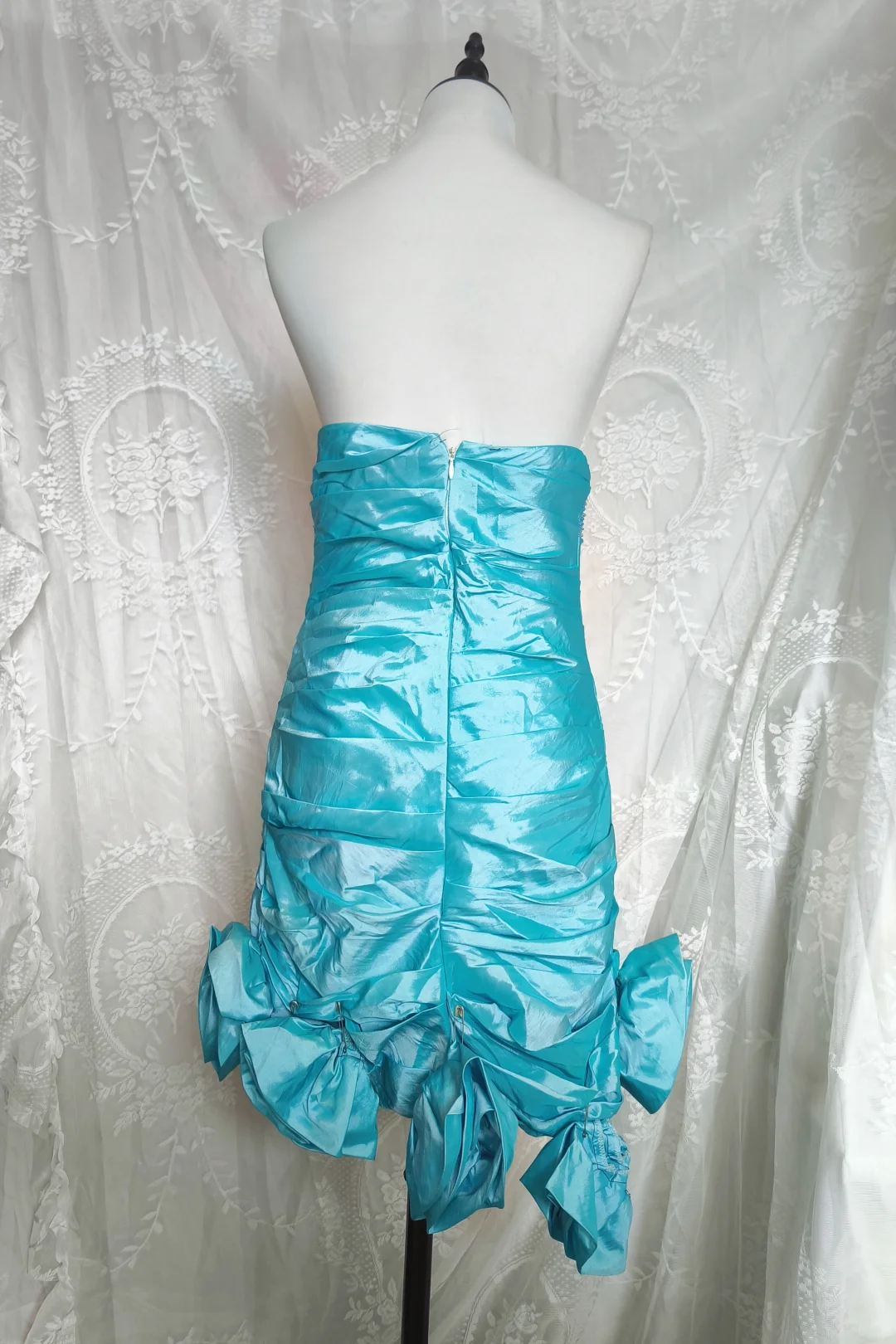 Vintage Blue Strapless Satin Pleated Short Party Dress Rose Flowers Hem Homecoming Dress - View 3 | FashionDia