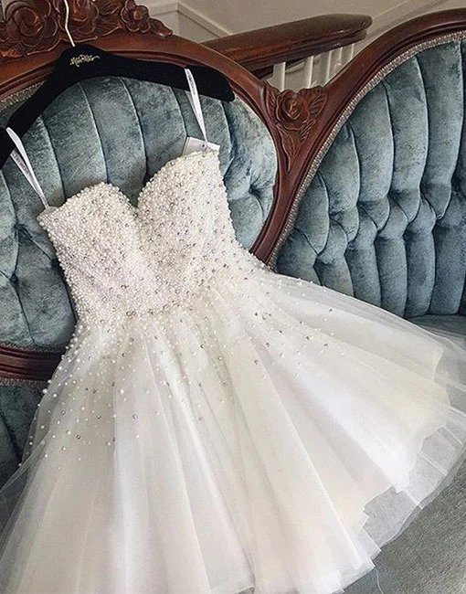 Cute white pearls tulle short prom dress, homecoming dress - FashionDia