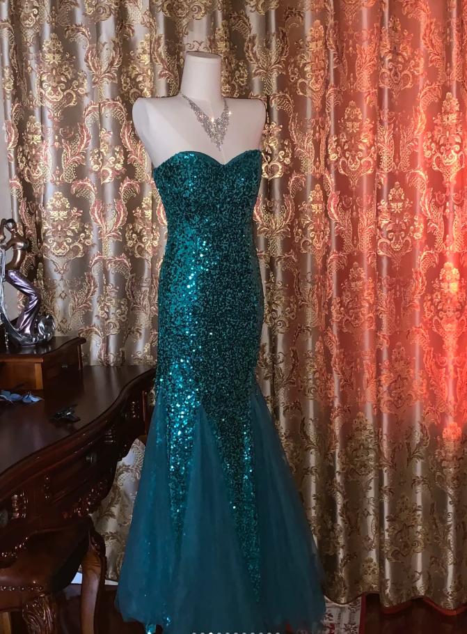 Vintage Strapless Green Tulle Sequin Mermaid Evening Dress Long Wedding Guest Dress Party Gown - View 3 | FashionDia