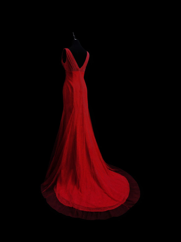 Charming Red V-Neck Satin Tulle Mermaid Evening Dress Long Prom Dress - View 3 | FashionDia