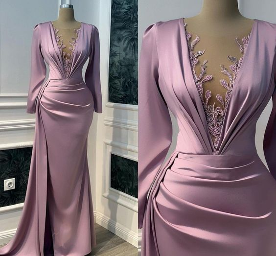 Vintage Purple Prom Dress Long Sleeve Illusion V-neck Mermaid Evening Dress Floor Length Y6647 - View 2 | VelvetHem