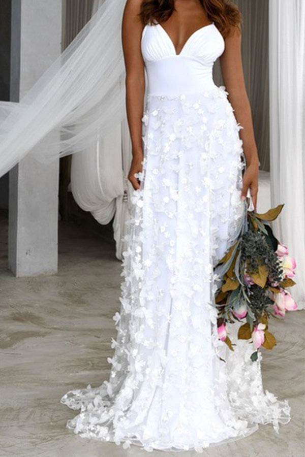 Appliques V-neck Spaghetti Straps Dress - Fashionpara