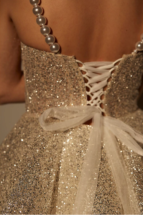 Glitter Champagne Sequin A-Line Homecoming Dress Cocktail Dress Spaghetti Straps Short Birthday Dress - View 3 | FashionDia