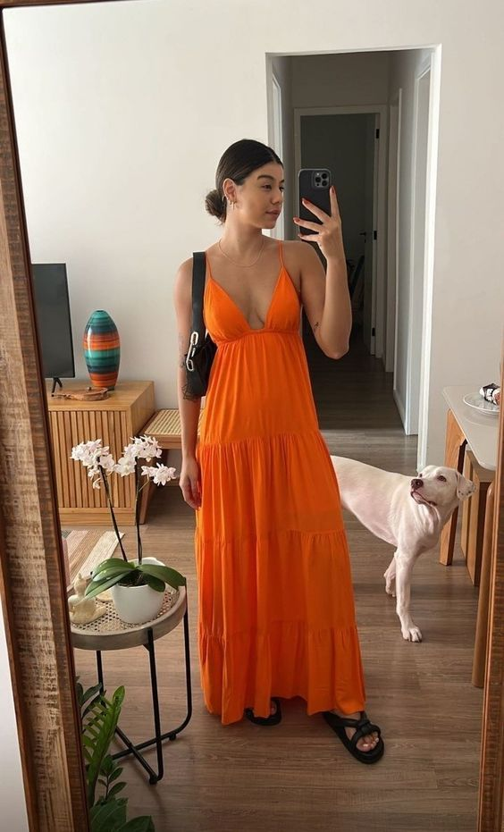 A-Line V-Neck Orange Chiffon Prom Dress,Orange Beach Dress - FashionDia