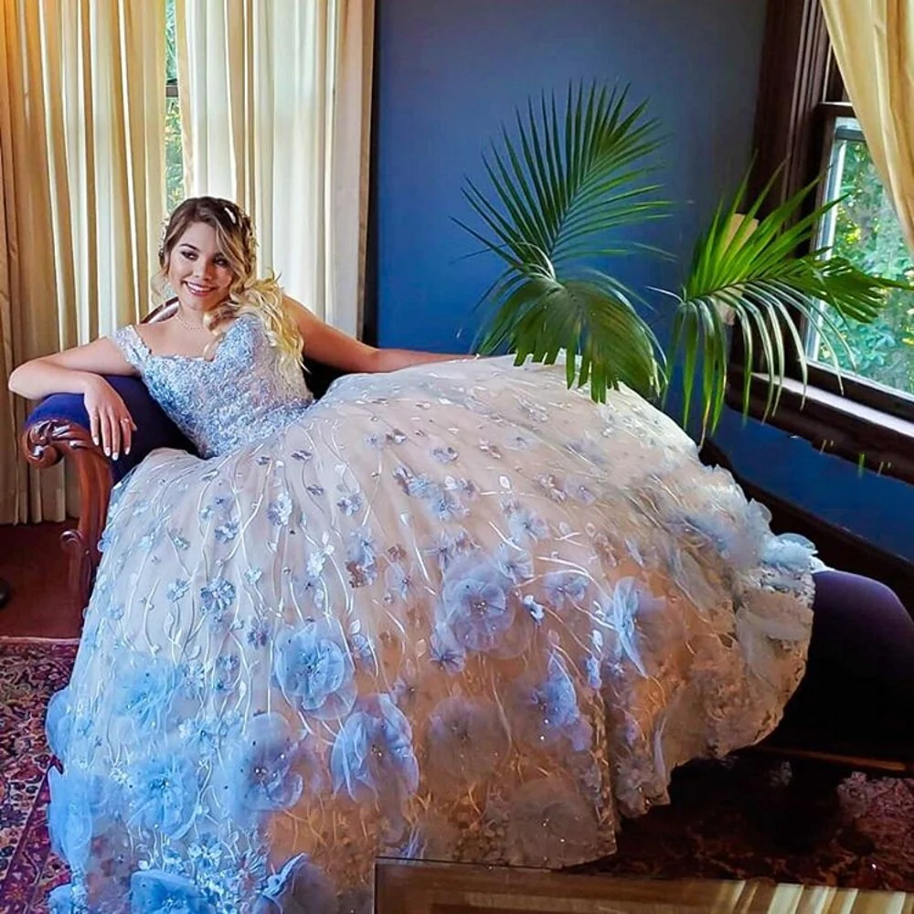 3D Flowers Sequined Quinceanera Dresses Sweet 16 Dress Light Sky Blue Flowers Ball Gown - View 4 | FashionDia