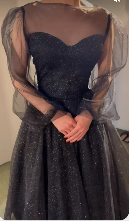 Black Shiny Prom Dress Tulle Sleeves Evening Dress - FashionDia