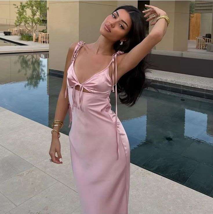 Sexy Sheath Spaghetti Straps Pink Satin Evening & Prom Dress - View 2 | FashionDia