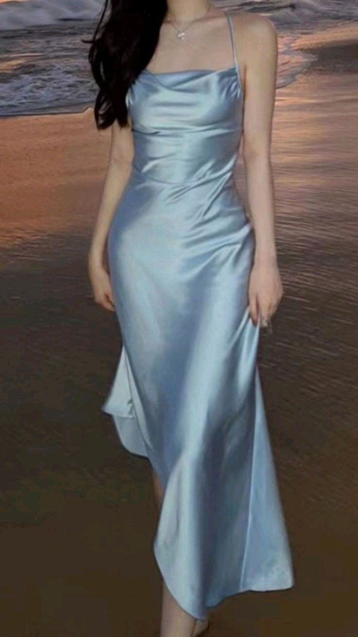 Classy Spaghetti Straps Blue Satin Long Wedding Guest Dress Formal Birthday Party Dress Evening Gown - FashionDia
