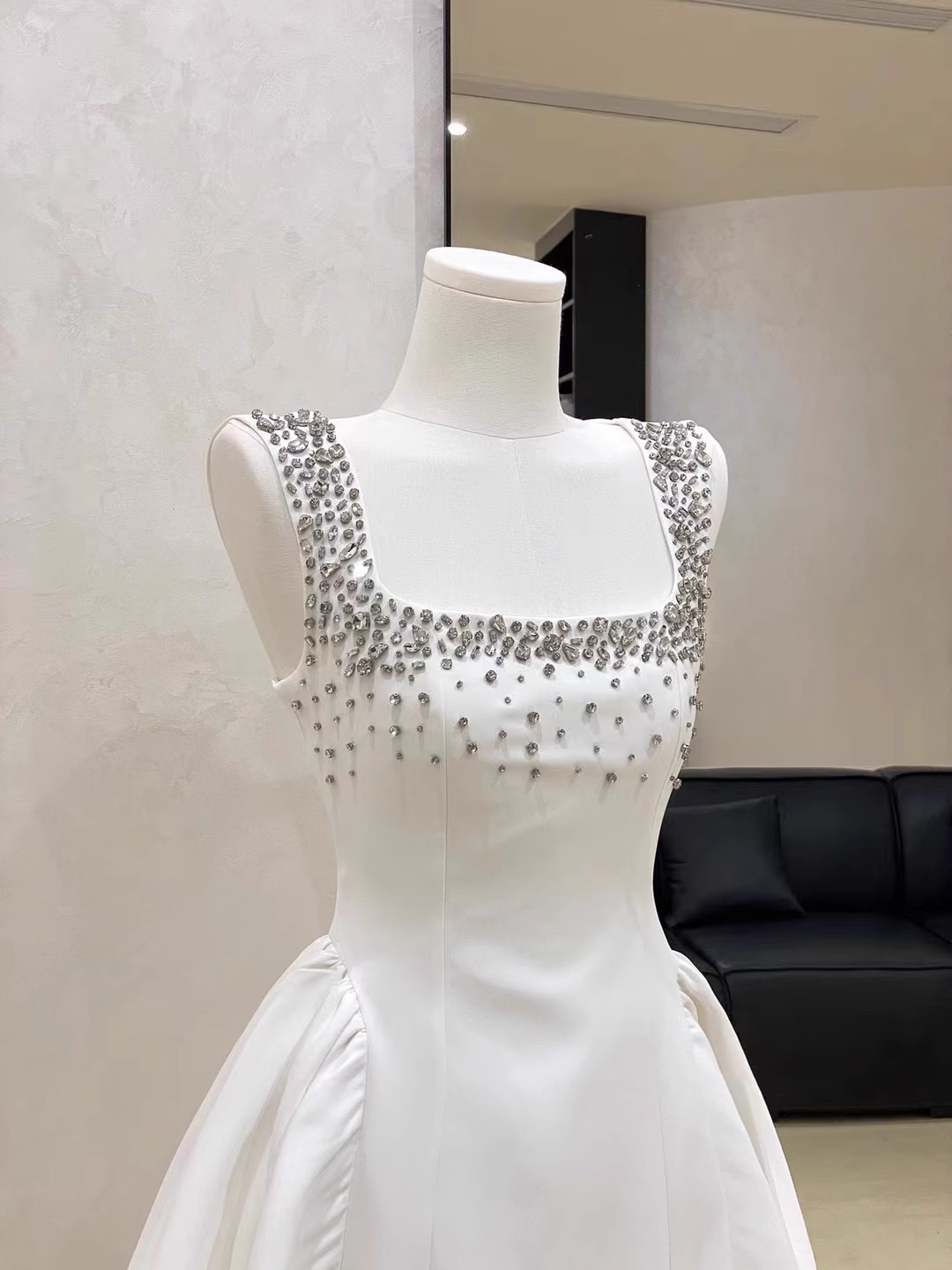 Sexy White Satin Beaded Square Neck A-Line Birthday Outfits Vacation Dress - View 3 | FashionDia