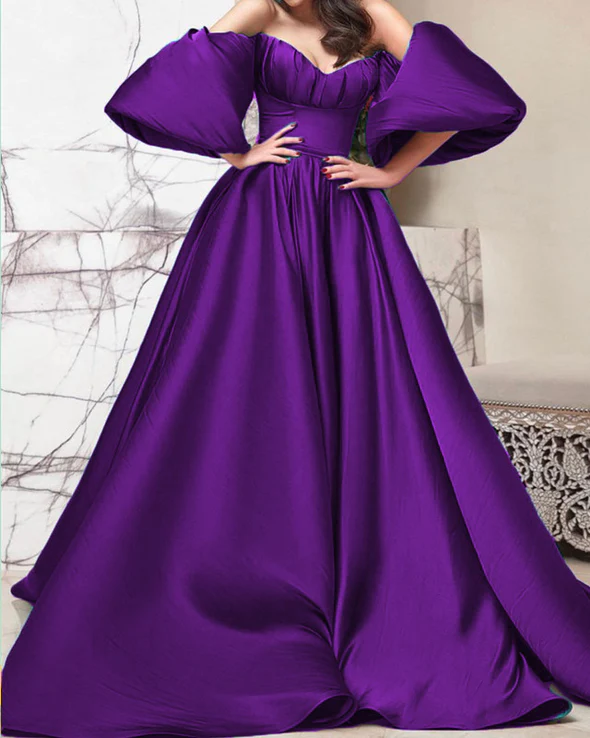 New Puffy Sleeves Prom Dresses Satin Long - View 2 | FashionDia