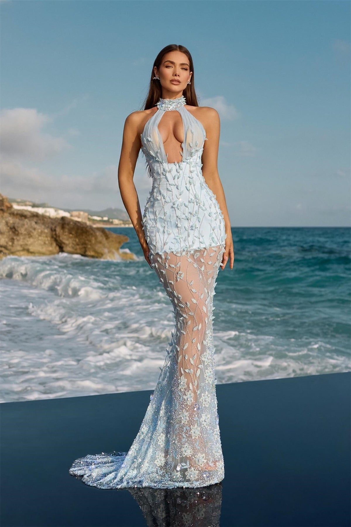 Charming Sky Blue Halter Sleeveless Mermaid Prom Dress Beads Pearl Leaf Decor With Lace-Up Back