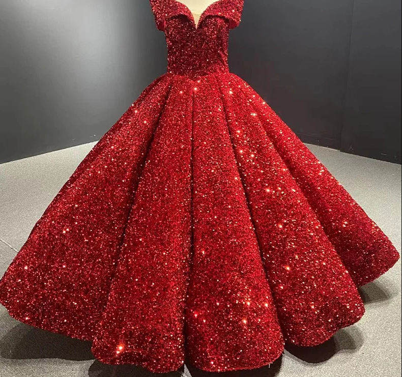 Royal blue sequin prom ball gown sweet 16 dress Off-the-Shoulder princess Quince dress - View 6 | FashionDia