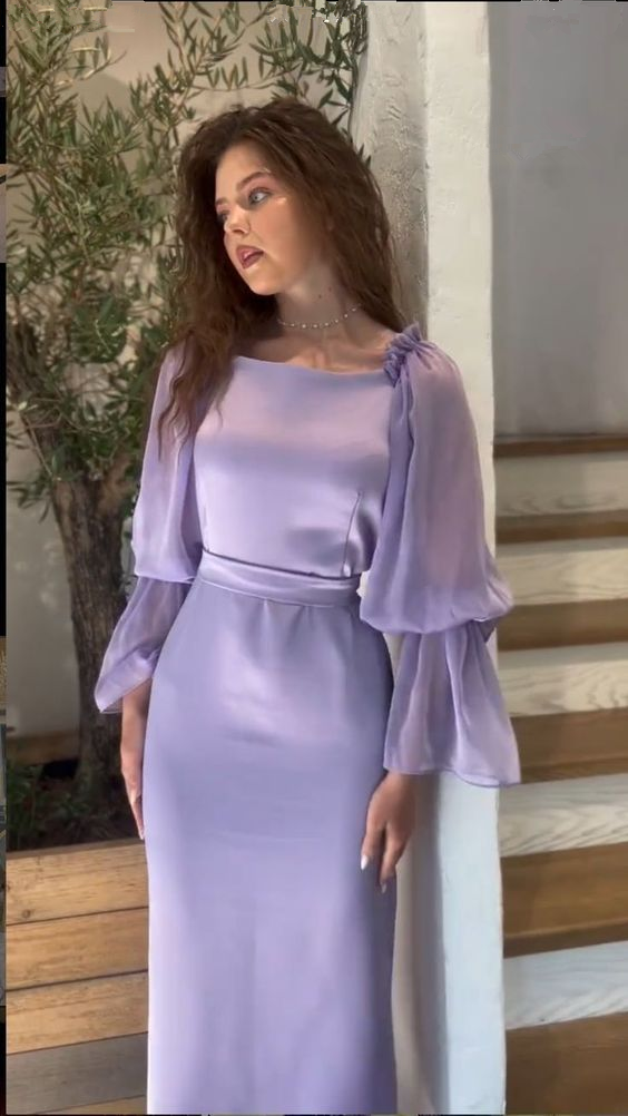 Lavender Puff-Sleeve Sheath/Column Evening Dress,Winter Party Outfit Aesthetic