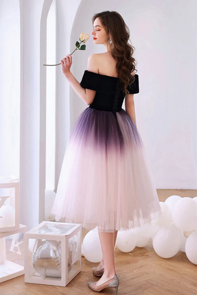 Off-the-Shoulder Ombre Tulle Short Homecoming Dress, Ombre Formal Graduation Dress - View 4 | FashionDia