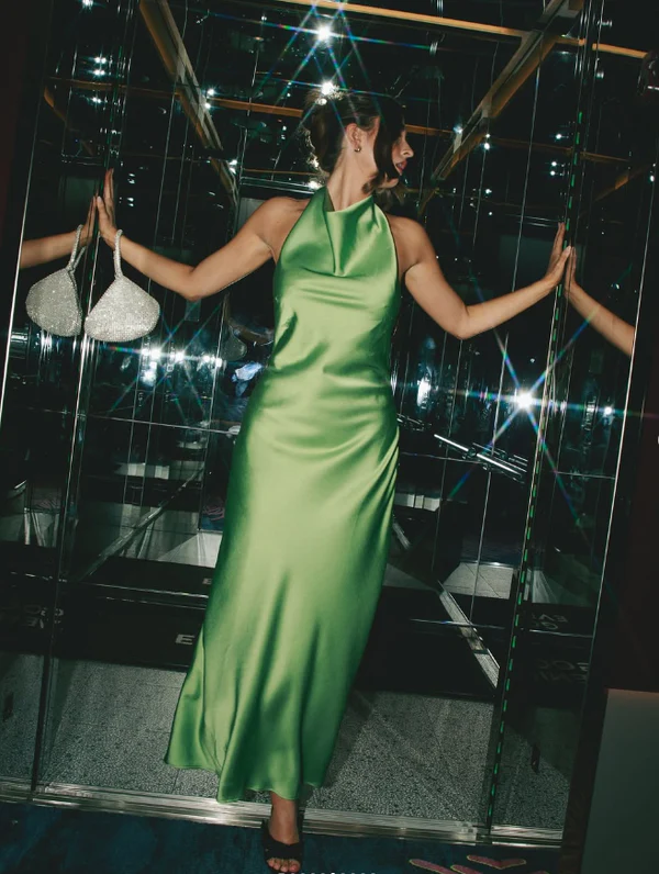 Simple Halter Green Satin Backless Evening Dress,Long Party Prom Dress
