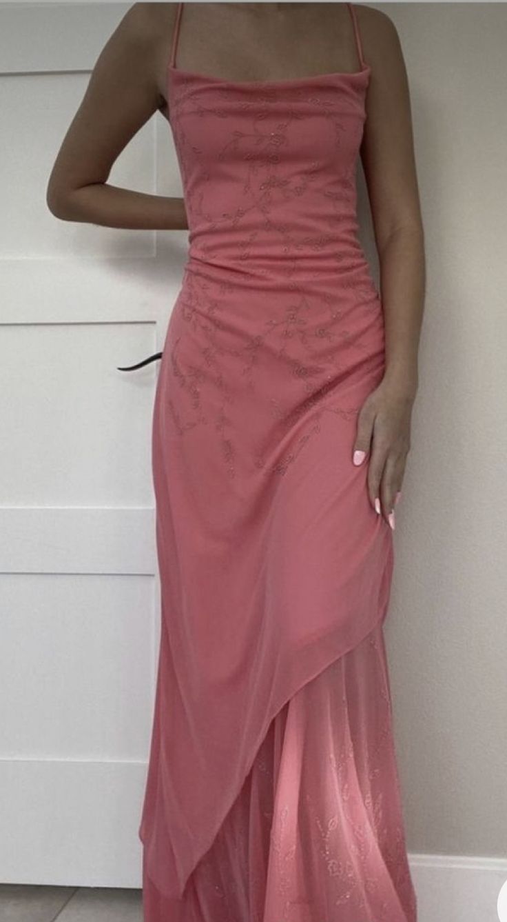 Classy Spaghetti Straps Pink Sheath Long Chiffon Prom Dress Party Evening Gown - FashionDia
