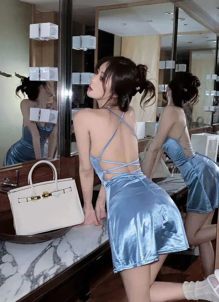 Simple Blue Halter Satin Sheath Short Birthday Outfits Sexy Homecoming Dress Cocktail Dress - View 4 | FashionDia