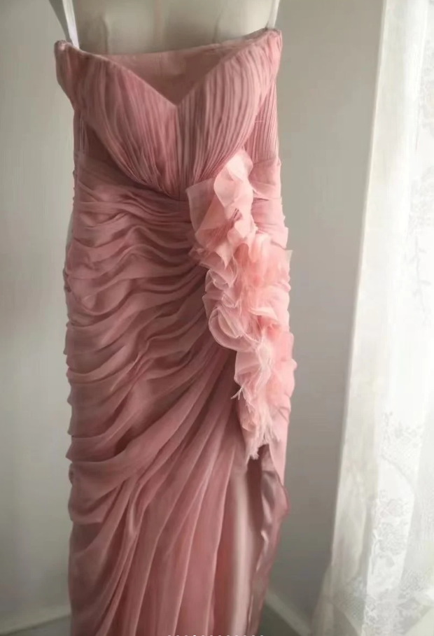 Pretty Pink Strapless Chiffon Pleated Slit Long Party Dress Evening Dress - View 7 | FashionDia