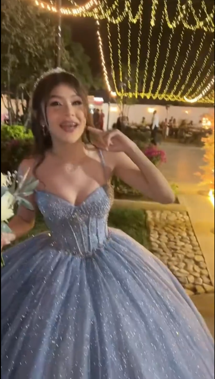 Glitter Spaghetti Straps Blue Tulle Sequin Beaded Ball Gown Formal Birthday Quinceanera Dress - View 4 | FashionDia