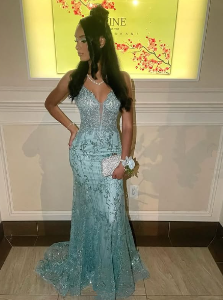 Charming Spaghetti Straps Tulle Lace Mermiad Prom Dress Blue V-Neck Prom Evening Gown - View 4 | FashionDia