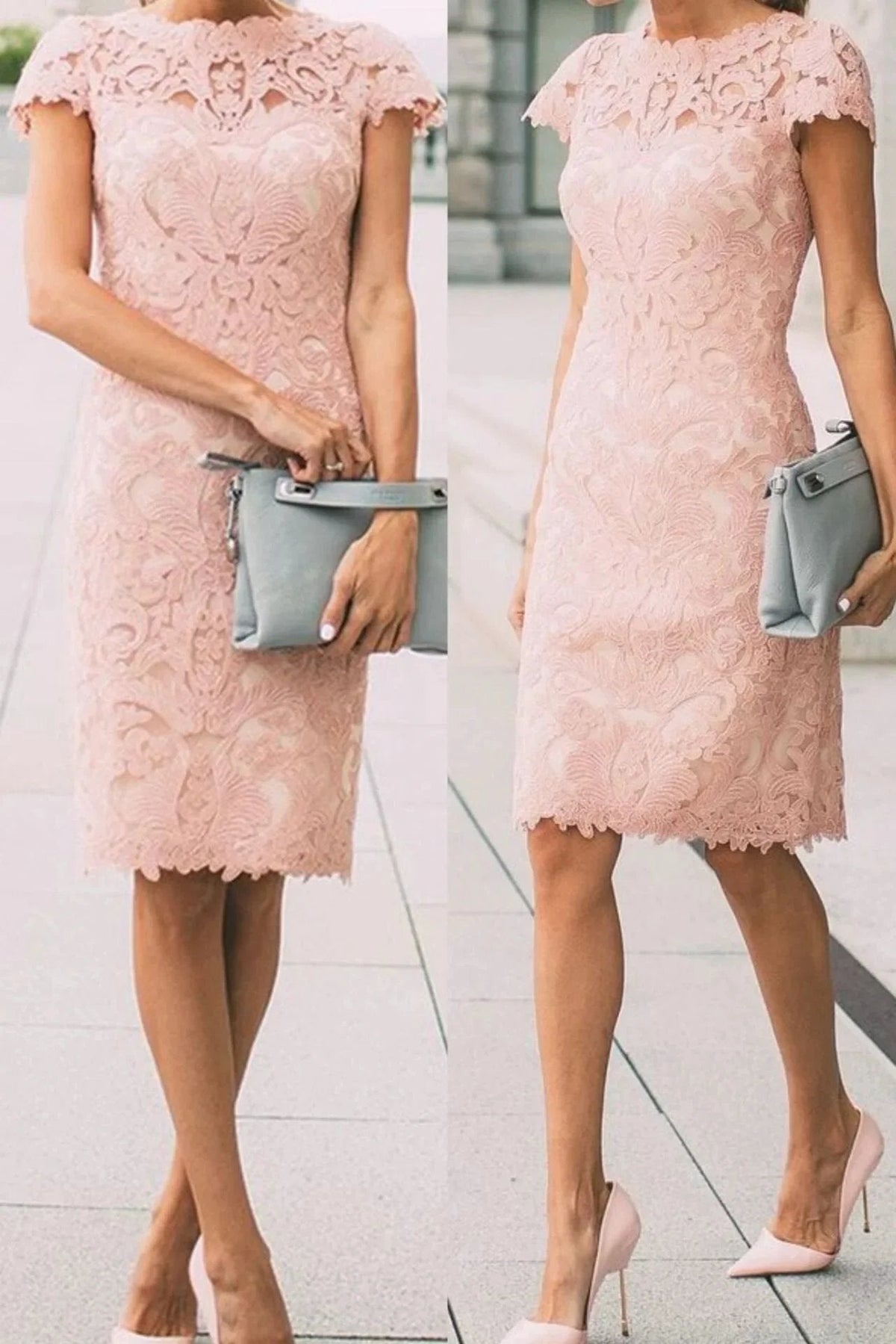 Chic Pink Cap Sleeves Lace Knee Length Short Prom Dresses (ZD11511)