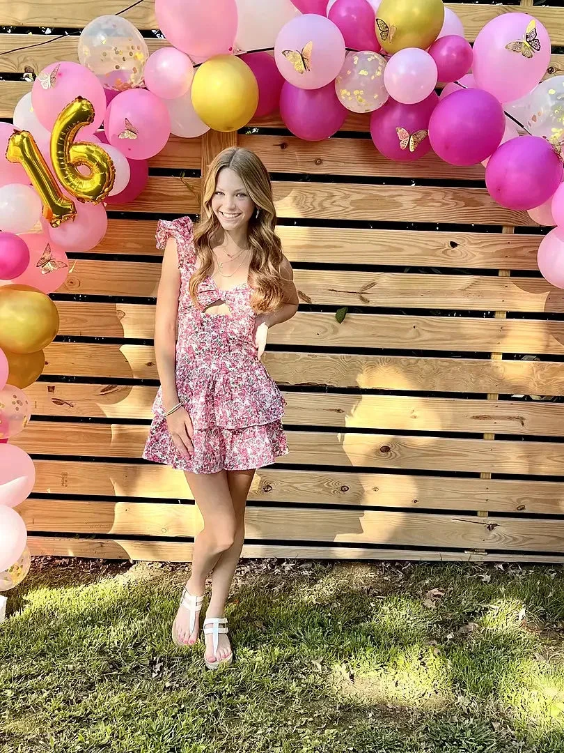 Summer Pink Floral Print Dress Trendy Homecoming Dress (ZD12144)