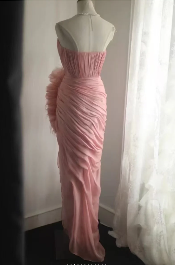 Pretty Pink Strapless Chiffon Pleated Slit Long Party Dress Evening Dress - View 3 | FashionDia