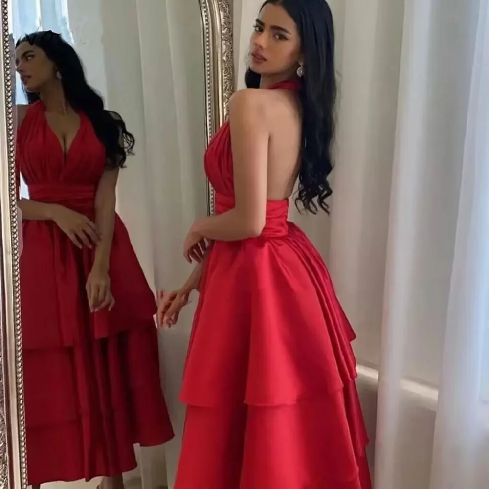 Red Prom Dresses Saudi Arabia Dubai Evening Dress V-Neck Tiered A-Line Sleeveless Floor-Length - View 3 | FashionDia